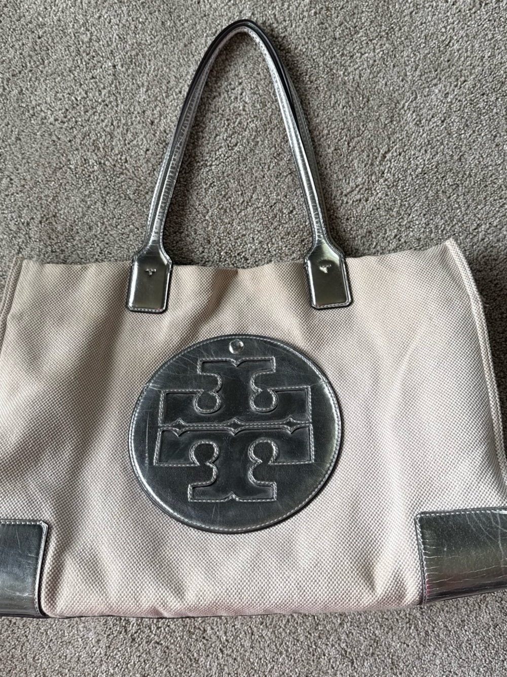 Tory Burch Beige Canvas Tote with Silver Logo and Trim